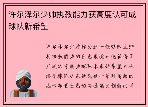 许尔泽尔少帅执教能力获高度认可成球队新希望 许尔泽尔少帅执教能力获高度认可成球队新希望