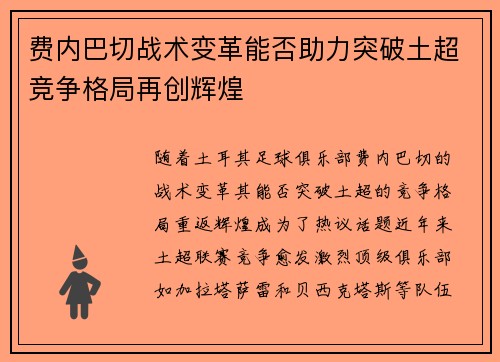 费内巴切战术变革能否助力突破土超竞争格局再创辉煌 费内巴切战术变革能否助力突破土超竞争格局再创辉煌